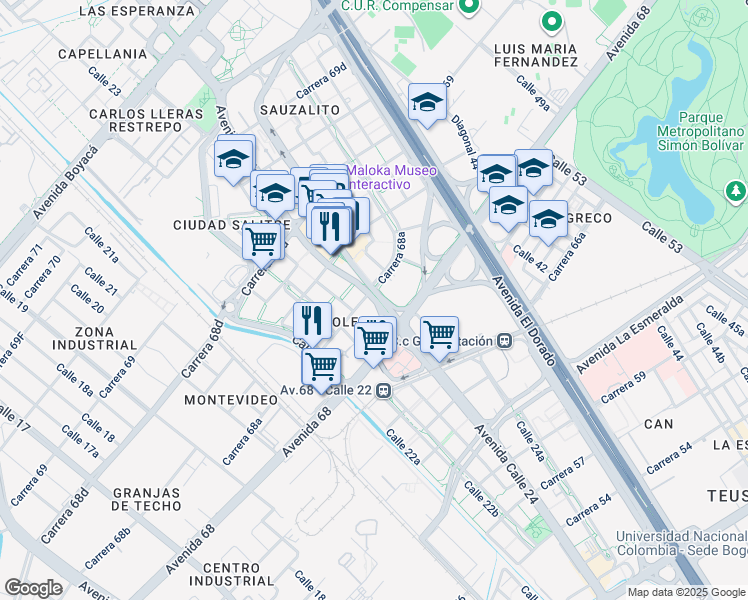 map of restaurants, bars, coffee shops, grocery stores, and more near 6885 Avenida Calle 24 in Bogotá