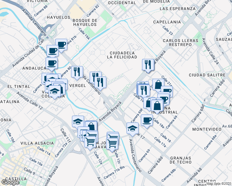 map of restaurants, bars, coffee shops, grocery stores, and more near 72-57 Calle 19A in Bogotá