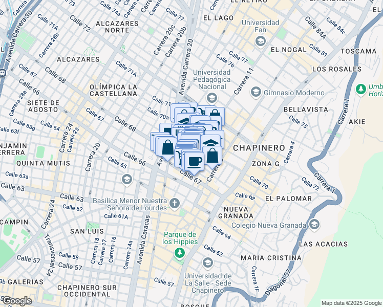 map of restaurants, bars, coffee shops, grocery stores, and more near 69-11 Carrera 11 in Bogotá