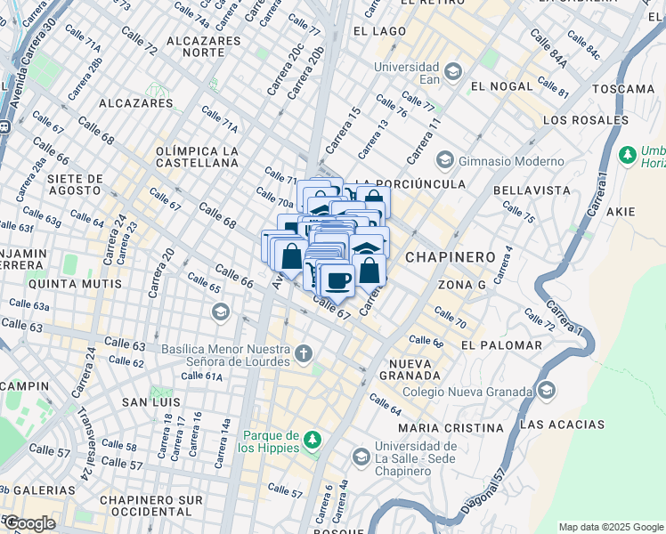 map of restaurants, bars, coffee shops, grocery stores, and more near 69-11 Carrera 11 in Bogotá
