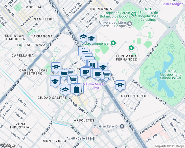 map of restaurants, bars, coffee shops, grocery stores, and more near 63 Avenida El Dorado in Bogotá