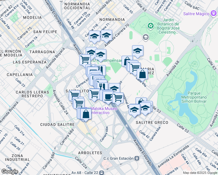 map of restaurants, bars, coffee shops, grocery stores, and more near 69-76 Avenida Calle 26 in Bogotá