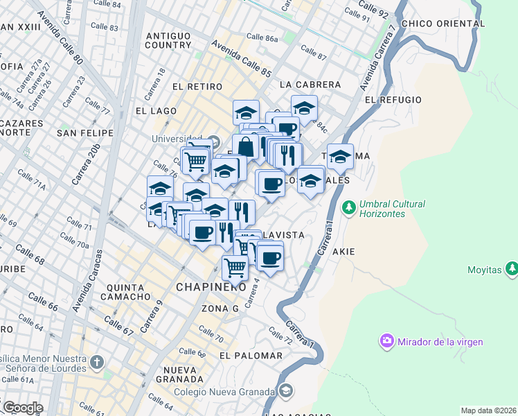 map of restaurants, bars, coffee shops, grocery stores, and more near # 77 - 07 Avenida Carrera 7 in Bogotá
