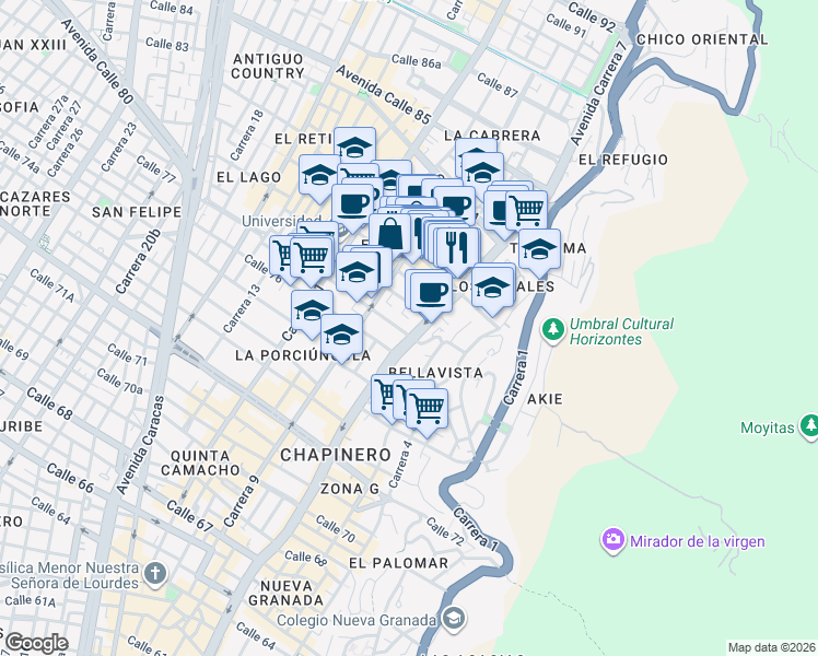 map of restaurants, bars, coffee shops, grocery stores, and more near # 77 - 07 Avenida Carrera 7 in Bogotá