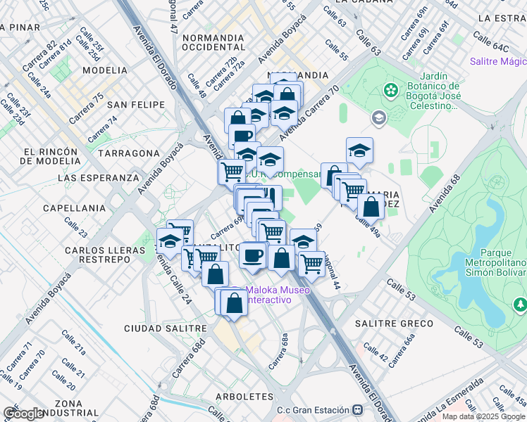 map of restaurants, bars, coffee shops, grocery stores, and more near 69-76 Avenida Calle 26 in Bogotá