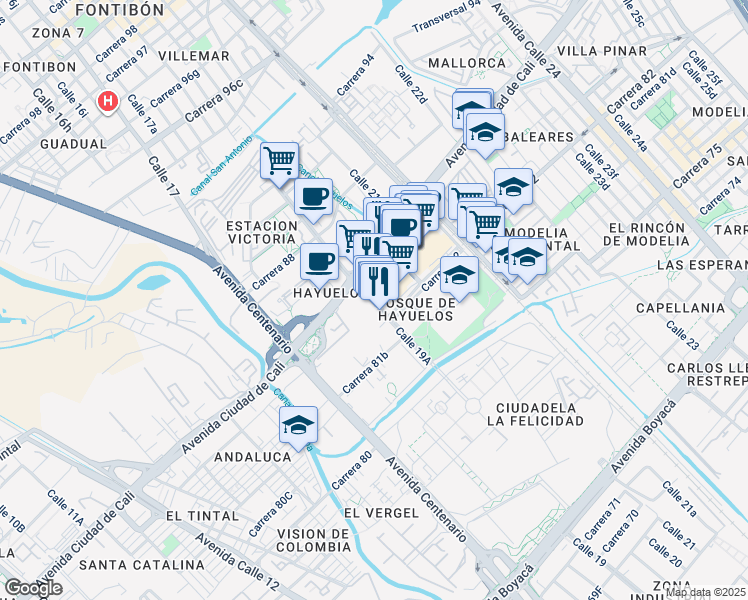 map of restaurants, bars, coffee shops, grocery stores, and more near 72-57 Calle 19A in Bogotá