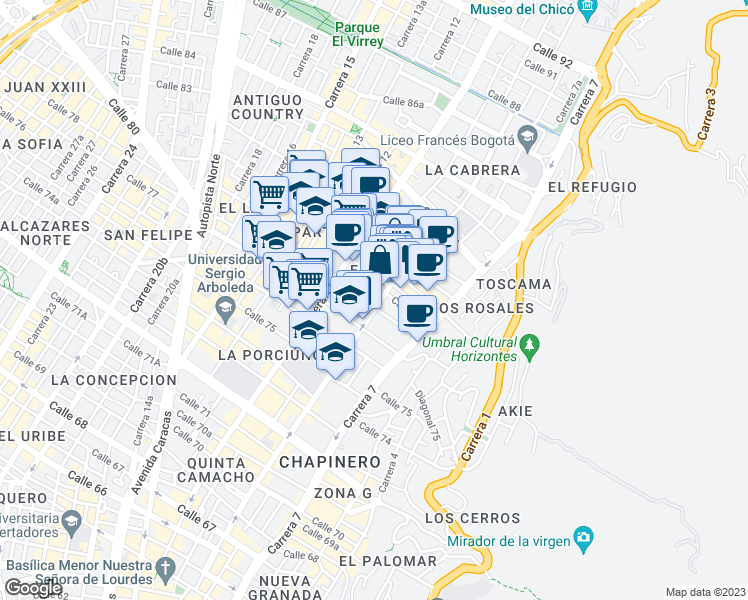 map of restaurants, bars, coffee shops, grocery stores, and more near 78-31 Carrera 9 in Bogotá