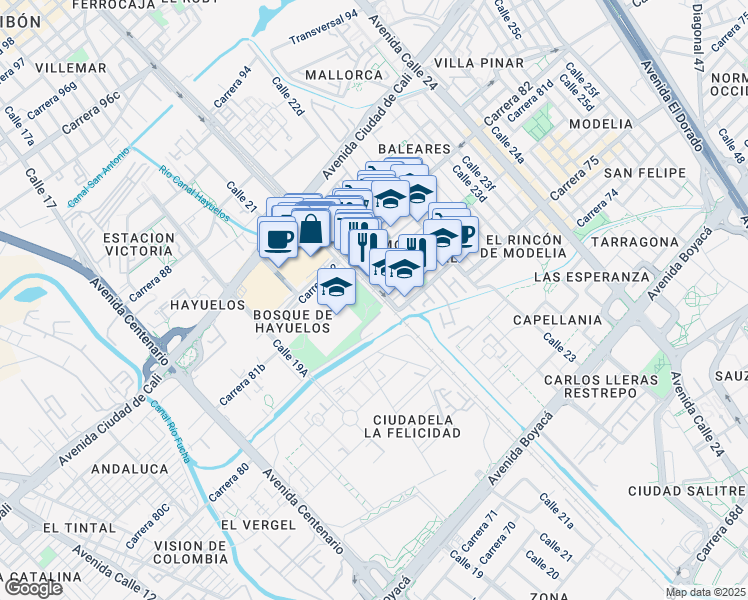 map of restaurants, bars, coffee shops, grocery stores, and more near Calle 22 in Bogota