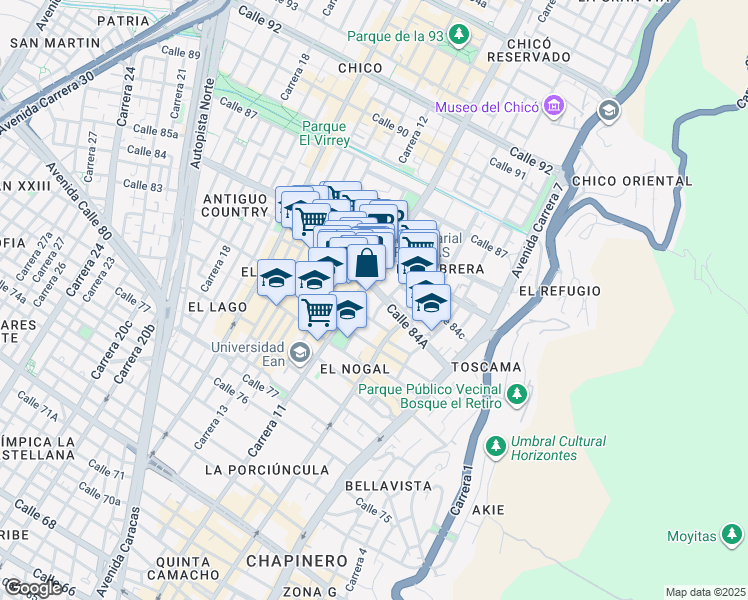 map of restaurants, bars, coffee shops, grocery stores, and more near 10-33 Calle 84A in Bogotá