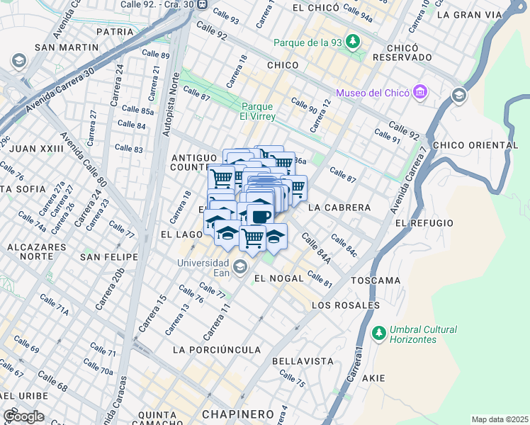 map of restaurants, bars, coffee shops, grocery stores, and more near #82-71 Carrera 11 in Bogotá