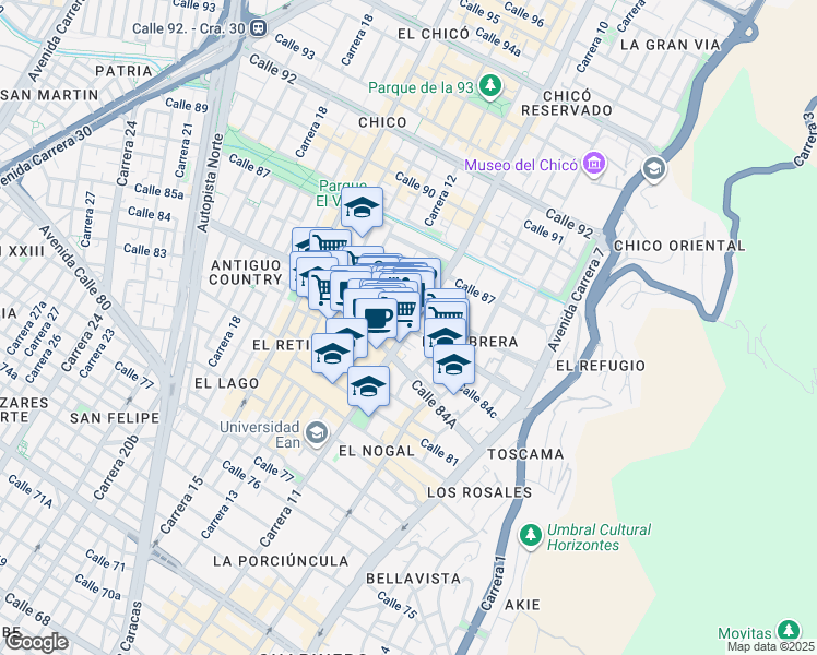 map of restaurants, bars, coffee shops, grocery stores, and more near Carrera 11 in Bogotá