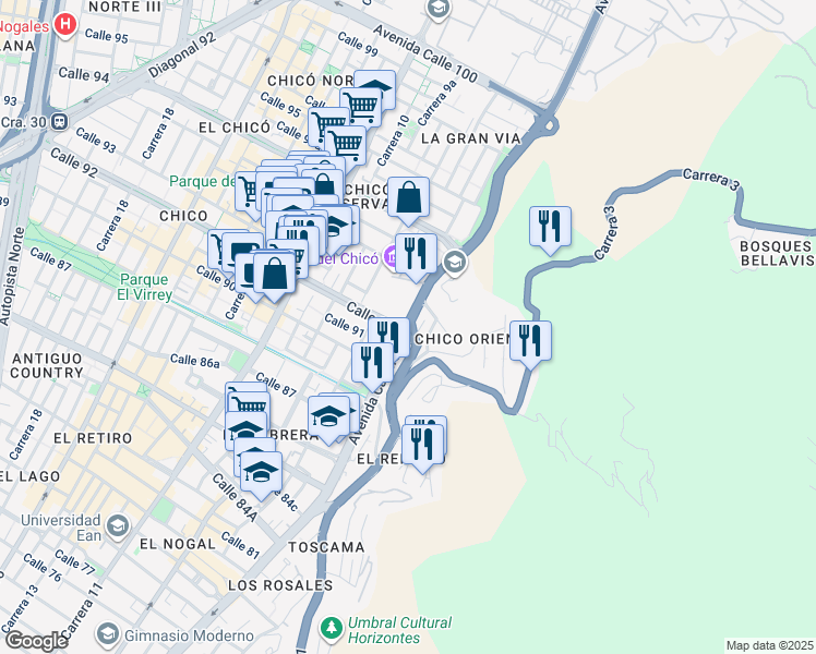 map of restaurants, bars, coffee shops, grocery stores, and more near 250127 Carrera 7 in Chía