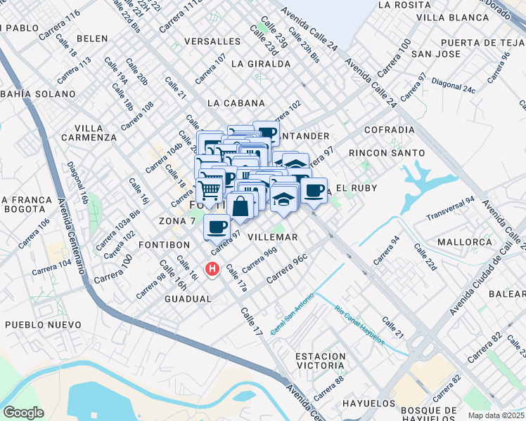 map of restaurants, bars, coffee shops, grocery stores, and more near 20B-11 Carrera 97 in Bogotá