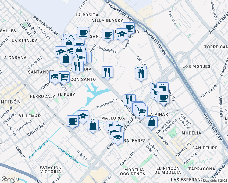 map of restaurants, bars, coffee shops, grocery stores, and more near Avenida Calle 24 in Bogotá