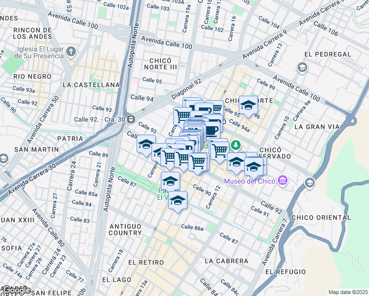 map of restaurants, bars, coffee shops, grocery stores, and more near 15-73 Calle 93 in Bogotá