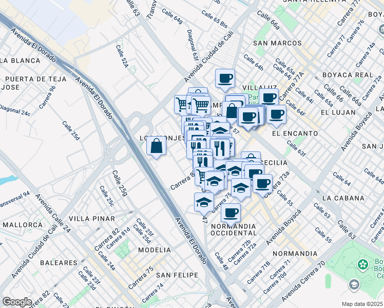 map of restaurants, bars, coffee shops, grocery stores, and more near 46a96 Carrera 85a in Bogotá