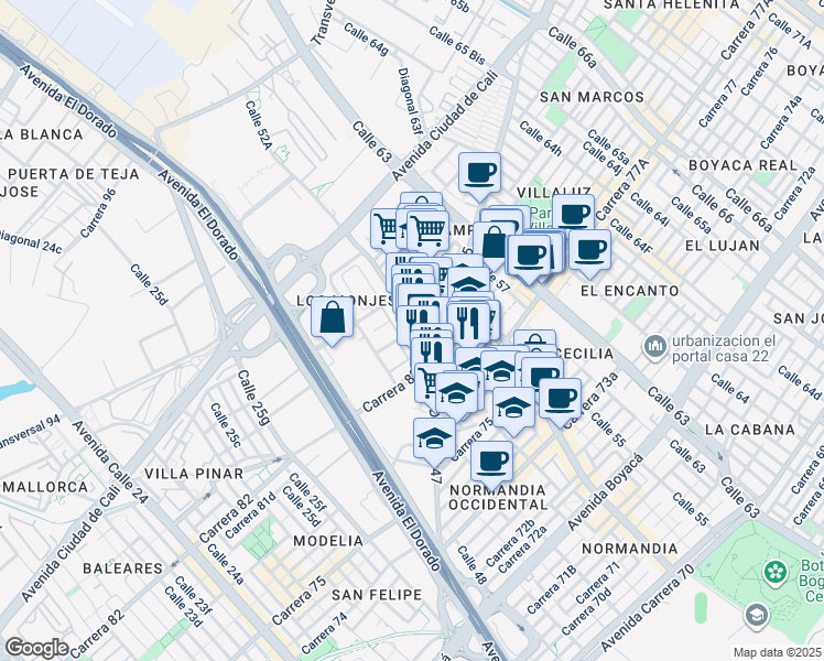 map of restaurants, bars, coffee shops, grocery stores, and more near 46a96 Carrera 85a in Bogotá