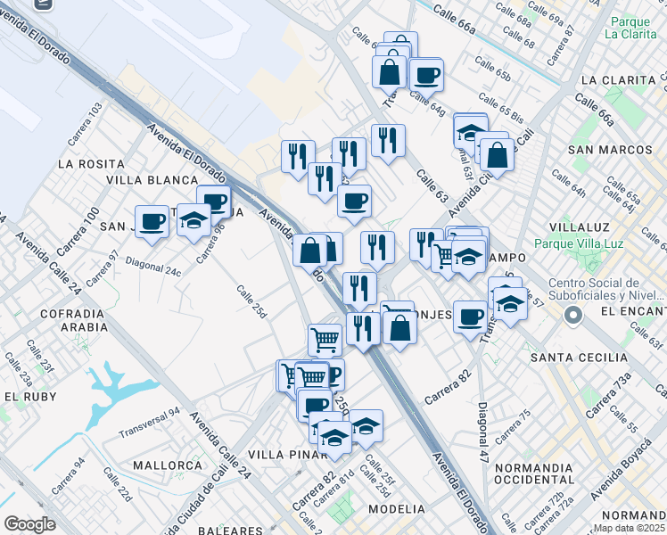 map of restaurants, bars, coffee shops, grocery stores, and more near 9132 Calle 26 in Bogotá