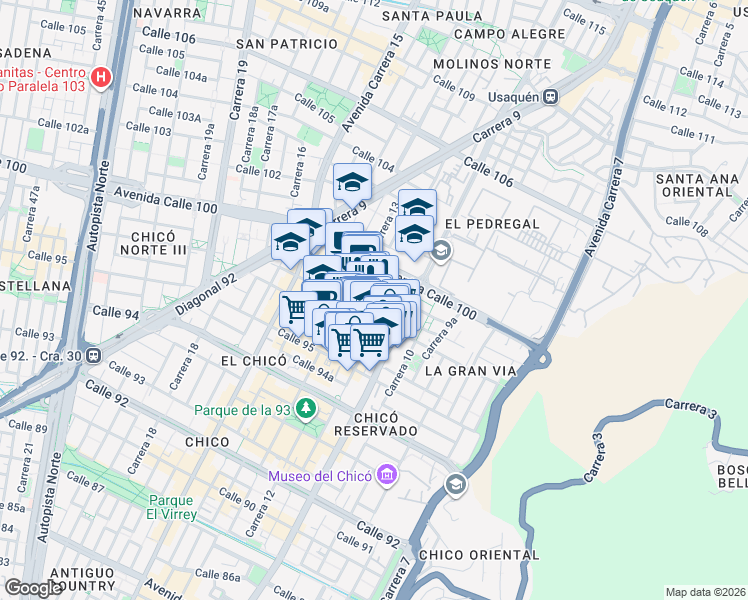 map of restaurants, bars, coffee shops, grocery stores, and more near 98-48 Carrera 11B in Bogotá