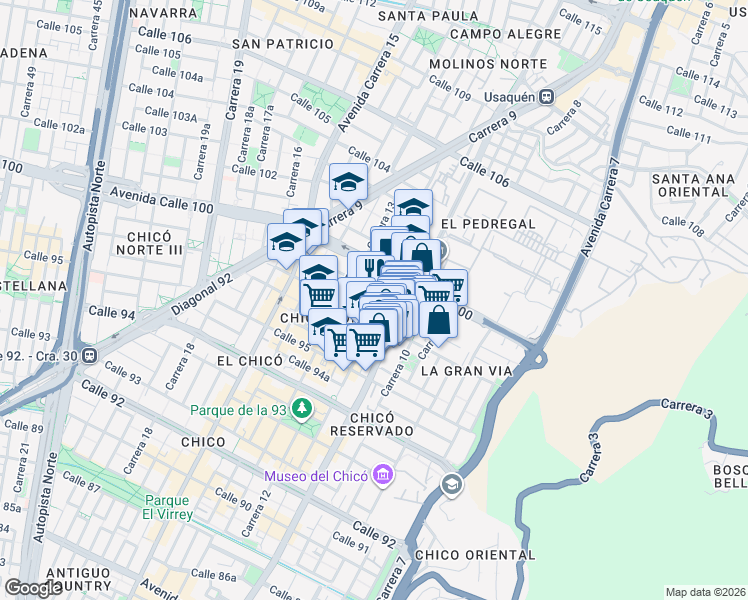 map of restaurants, bars, coffee shops, grocery stores, and more near 98-48 Carrera 11B in Bogotá