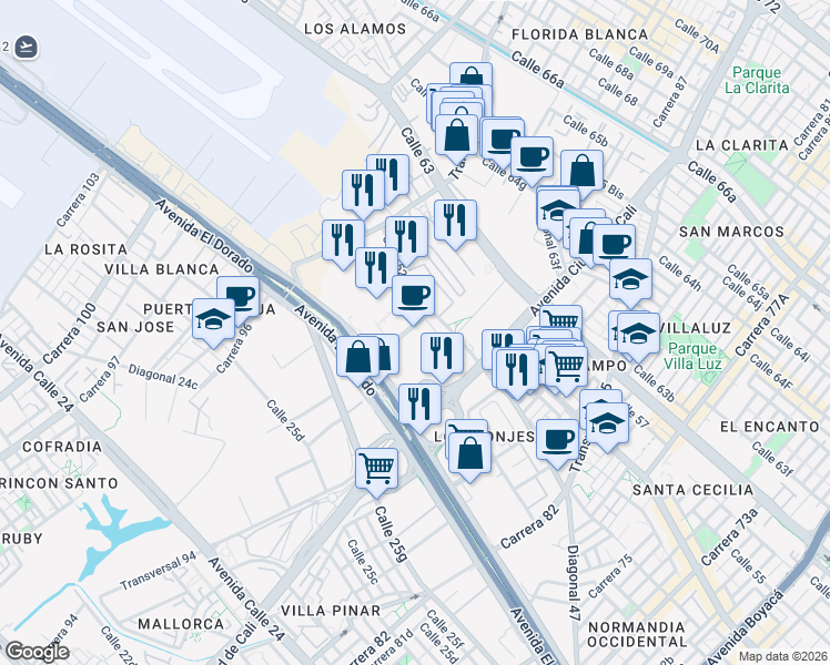 map of restaurants, bars, coffee shops, grocery stores, and more near 32 Avenida Calle 26 in Bogotá
