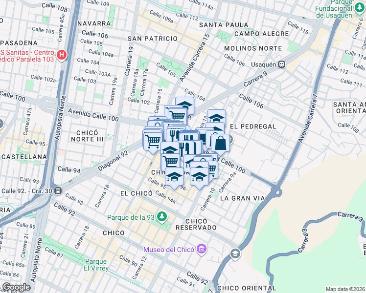 map of restaurants, bars, coffee shops, grocery stores, and more near 13 21 Avenida Calle 100 in Bogotá