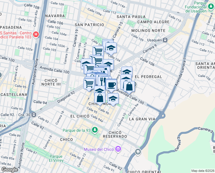 map of restaurants, bars, coffee shops, grocery stores, and more near 13 21 Avenida Calle 100 in Bogotá