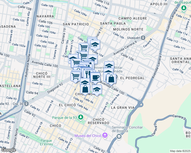 map of restaurants, bars, coffee shops, grocery stores, and more near #13-20 Avenida Calle 100 in Bogotá