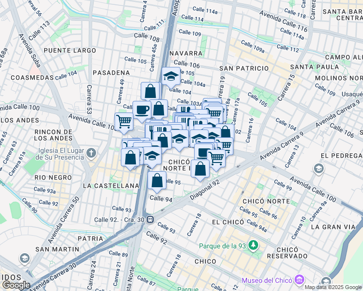 map of restaurants, bars, coffee shops, grocery stores, and more near Avenida Calle 100 in Bogotá