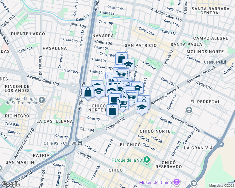 map of restaurants, bars, coffee shops, grocery stores, and more near 1930 Avenida Calle 100 in Bogotá