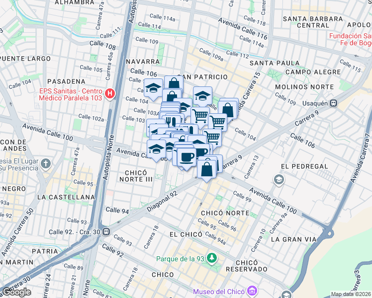 map of restaurants, bars, coffee shops, grocery stores, and more near 17A-18 Calle 101 in Bogotá