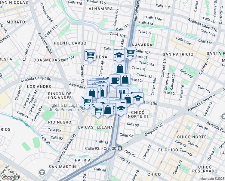 map of restaurants, bars, coffee shops, grocery stores, and more near Avenida Calle 100 in Bogotá