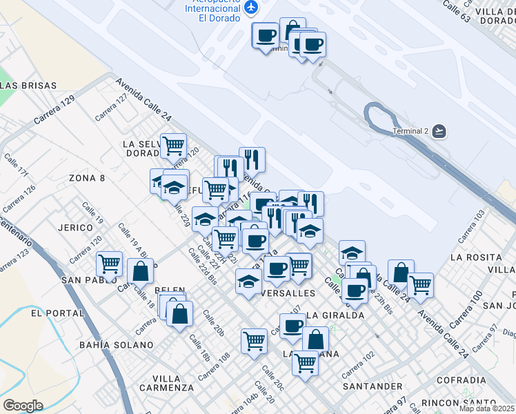 map of restaurants, bars, coffee shops, grocery stores, and more near 23b35 Carrera 113 in Bogotá