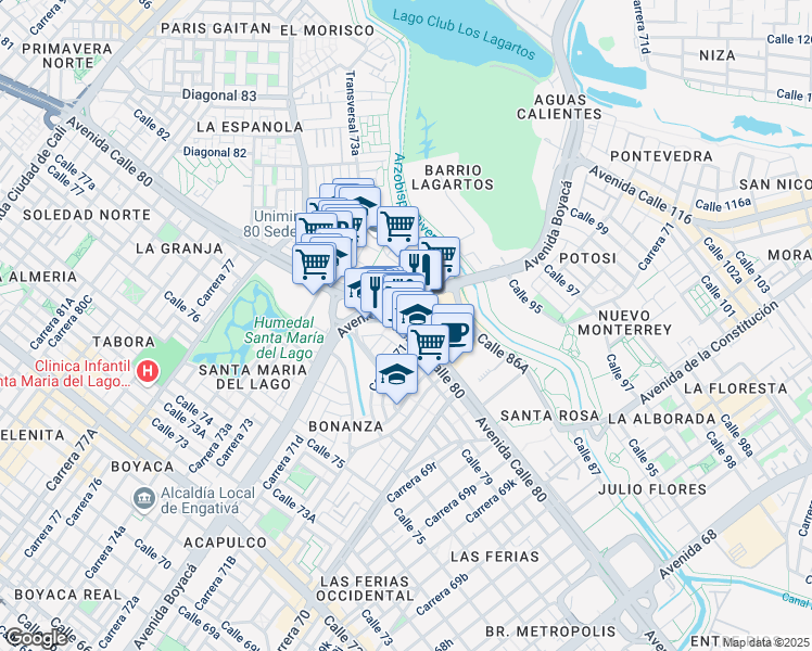 map of restaurants, bars, coffee shops, grocery stores, and more near Calle 80 in Bogotá