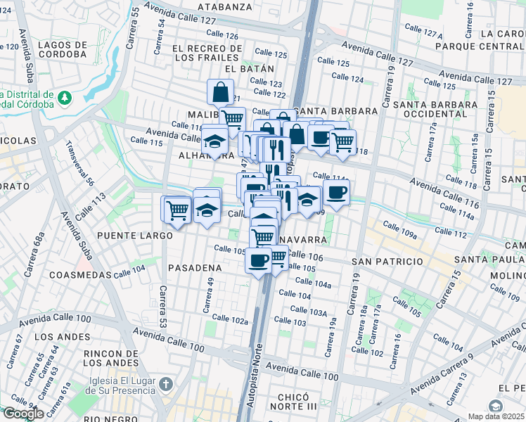 map of restaurants, bars, coffee shops, grocery stores, and more near 108-27 Autopista Norte in Bogotá
