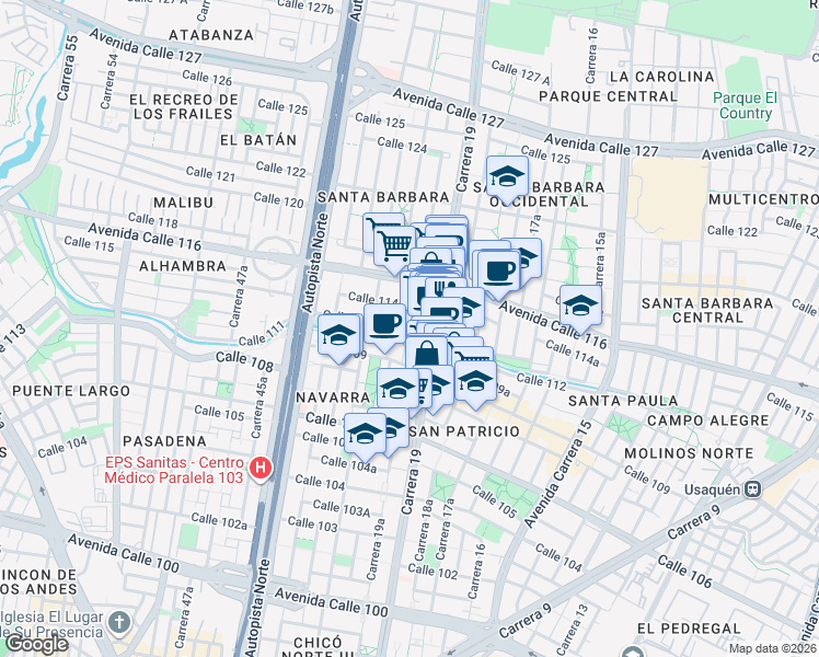 map of restaurants, bars, coffee shops, grocery stores, and more near 19a1 Calle 114 in Bogotá