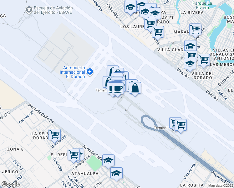 map of restaurants, bars, coffee shops, grocery stores, and more near 103-9 Avenida Calle 26 in Bogotá