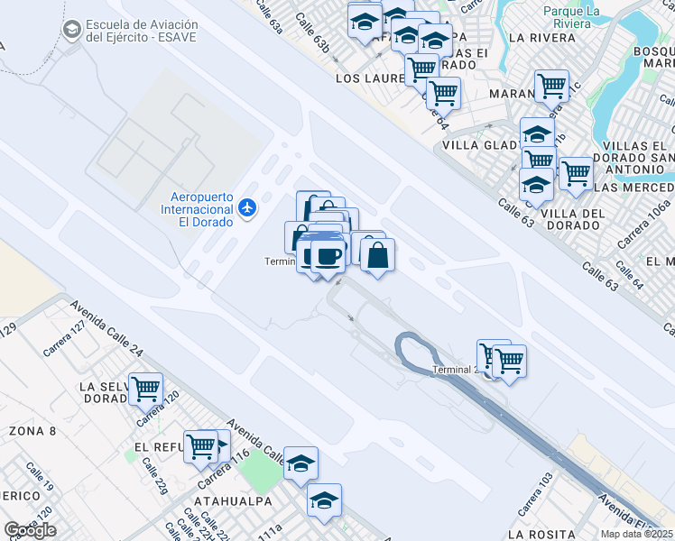map of restaurants, bars, coffee shops, grocery stores, and more near 103-9 Avenida Calle 26 in Bogotá