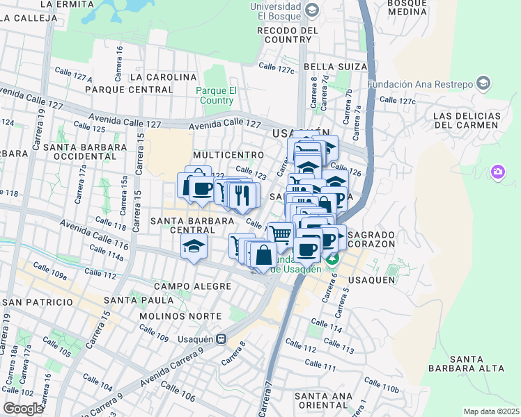 map of restaurants, bars, coffee shops, grocery stores, and more near 119-63 Carrera 11 in Bogotá