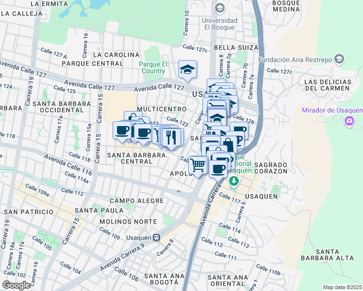 map of restaurants, bars, coffee shops, grocery stores, and more near 119-63 Carrera 11 in Bogotá