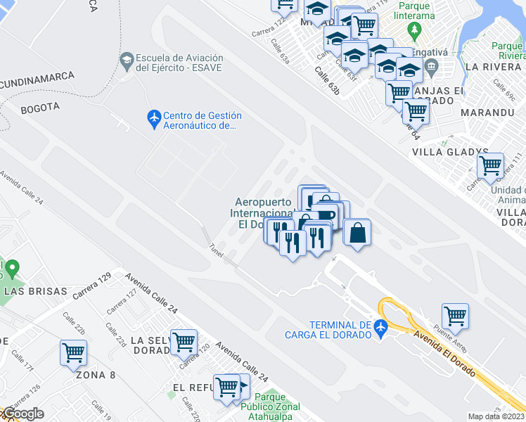 map of restaurants, bars, coffee shops, grocery stores, and more near 103-09 Avenida El Dorado in Bogotá