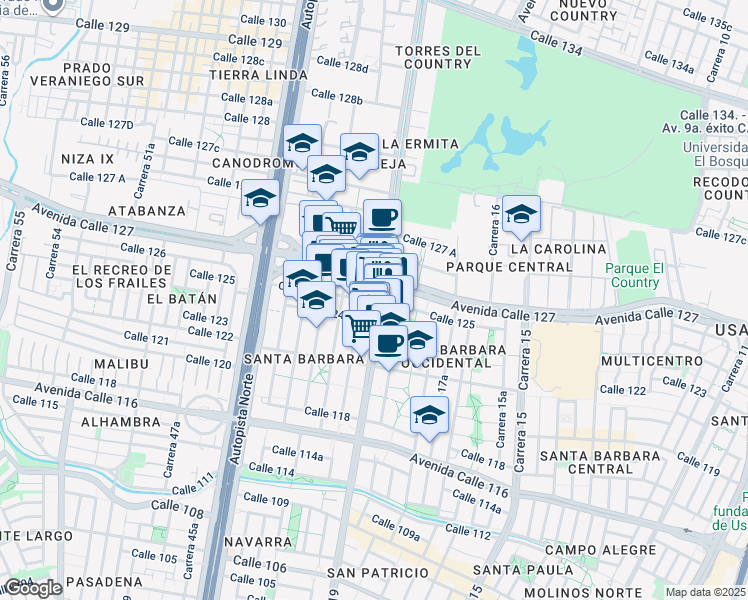 map of restaurants, bars, coffee shops, grocery stores, and more near 19-24 Calle 125 in Bogotá