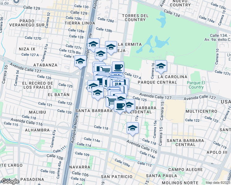 map of restaurants, bars, coffee shops, grocery stores, and more near 19-24 Calle 125 in Bogotá