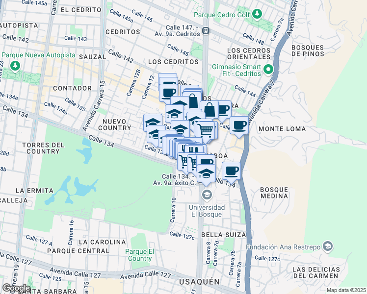 map of restaurants, bars, coffee shops, grocery stores, and more near 134b50 Carrera 10 in Bogotá