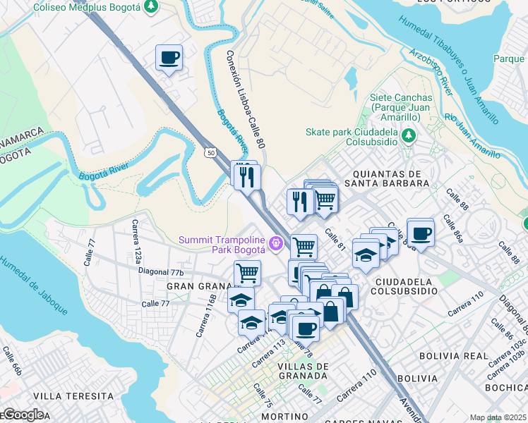 map of restaurants, bars, coffee shops, grocery stores, and more near Calle 80 in Bogotá
