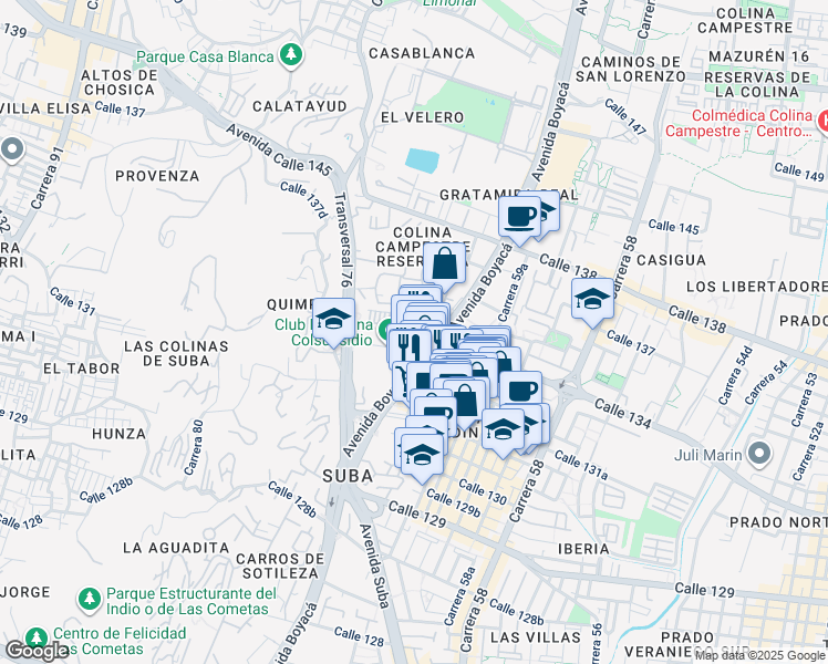 map of restaurants, bars, coffee shops, grocery stores, and more near 72-31 Calle 134 in Bogotá