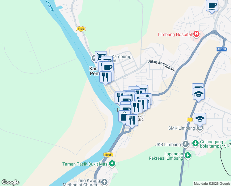 map of restaurants, bars, coffee shops, grocery stores, and more near Jalan Buangsiol in Limbang