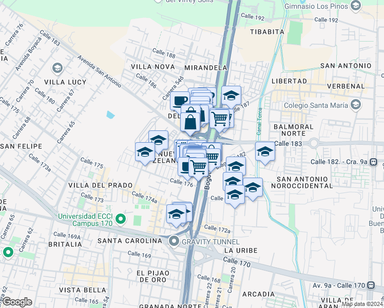 map of restaurants, bars, coffee shops, grocery stores, and more near 4545 Calle 182 in Bogotá