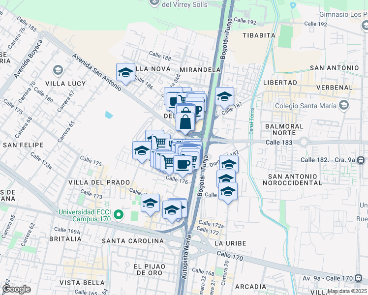 map of restaurants, bars, coffee shops, grocery stores, and more near 4545 Calle 182 in Bogotá