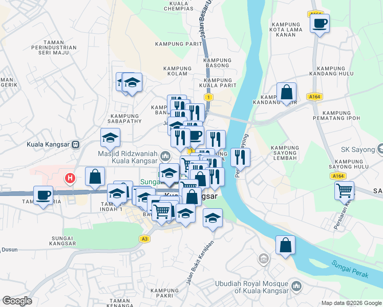 map of restaurants, bars, coffee shops, grocery stores, and more near Jalan Daeng Selili in Kuala Kangsar